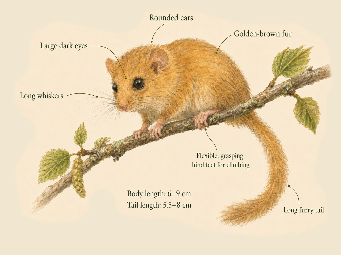 Annotated illustration of a hazel dormouse on a branch, labelling its rounded ears, large dark eyes, long whiskers, golden-brown fur, grasping hind feet and long furry tail